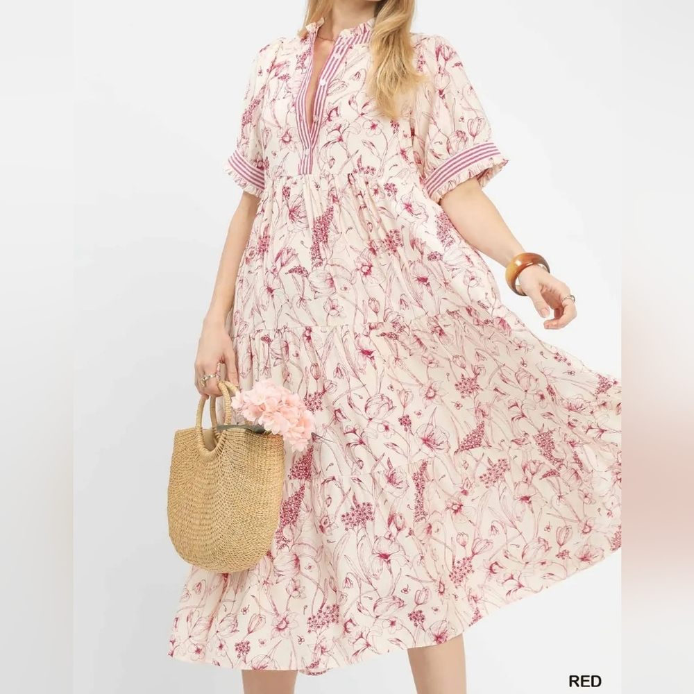Umgee Floral Tiered Midi Dress with Ruffle Trim